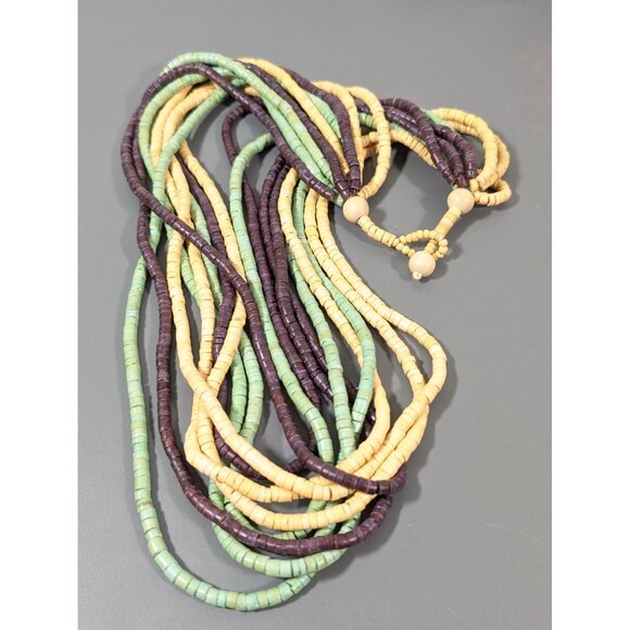 Tribal Yellow Green Brown Stacked Wood Bead Mulit Strand Long Necklace 28" - Picture 2 of 8